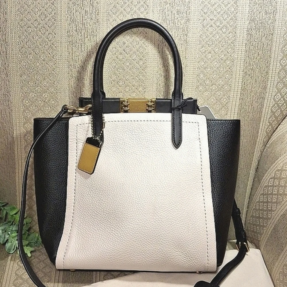 Coach Two-Tone Black and Cream Floral Appliqué Tote